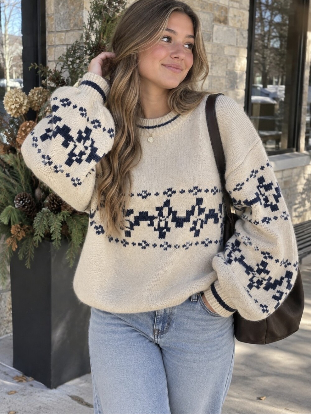 Princess Polly Alpine Sweater Cream Blue Nordic Knit NWT Size 4